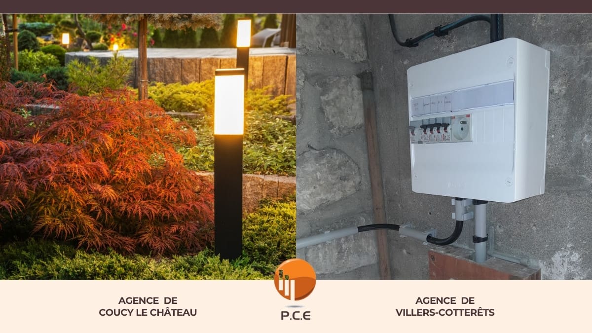 Installation électrique extérieure sécurisée par PCE : juxtaposition d'un jardin avec bornes lumineuses LED modernes et d'un tableau électrique professionnel aux normes sur mur de pierre. Bannière de l'agence avec logo PCE et agences de Coucy-le-Château et Villers-Cotterêts.